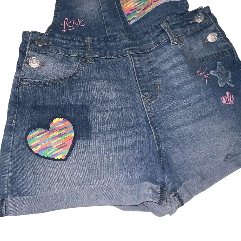 JORDACHE Bib Overall Shorts Blue Denim Girls Large 10-12 Sequins Heart Stars